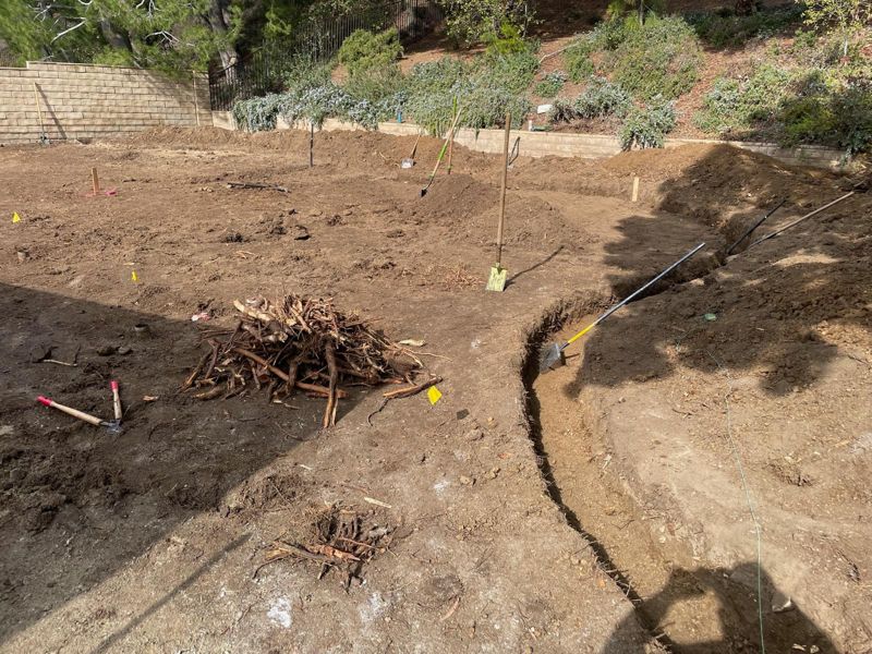 Bare yard graded with a curved trench, layout stakes and a pile of removed roots