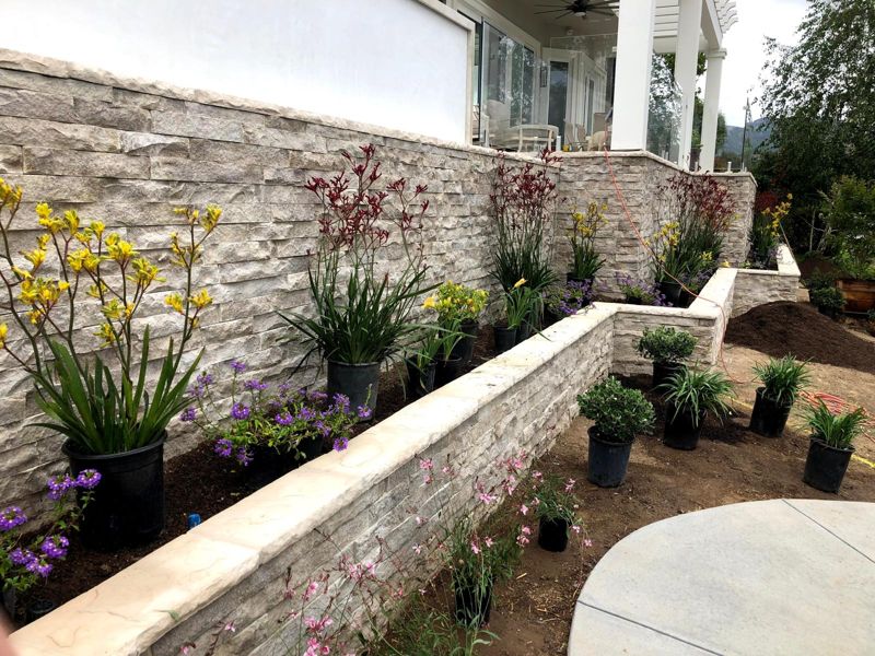 Stacked-stone raised planter wall with kangaroo paw, scaevola and daylilies ready to plant